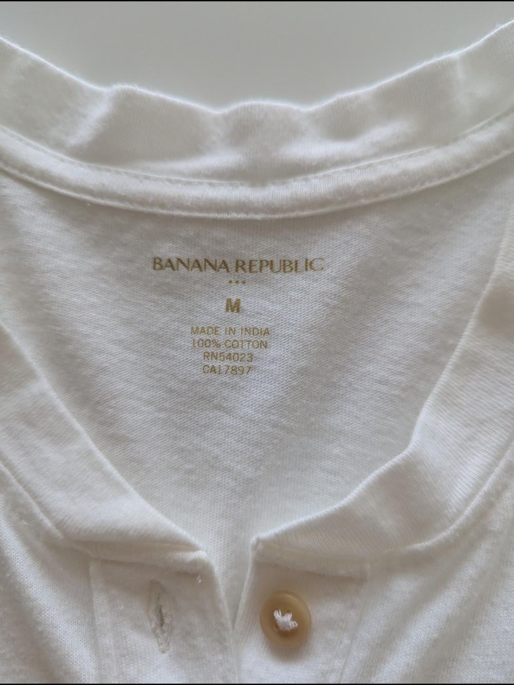 Banana Republic White Cotton Henley Shirt with Beige Button